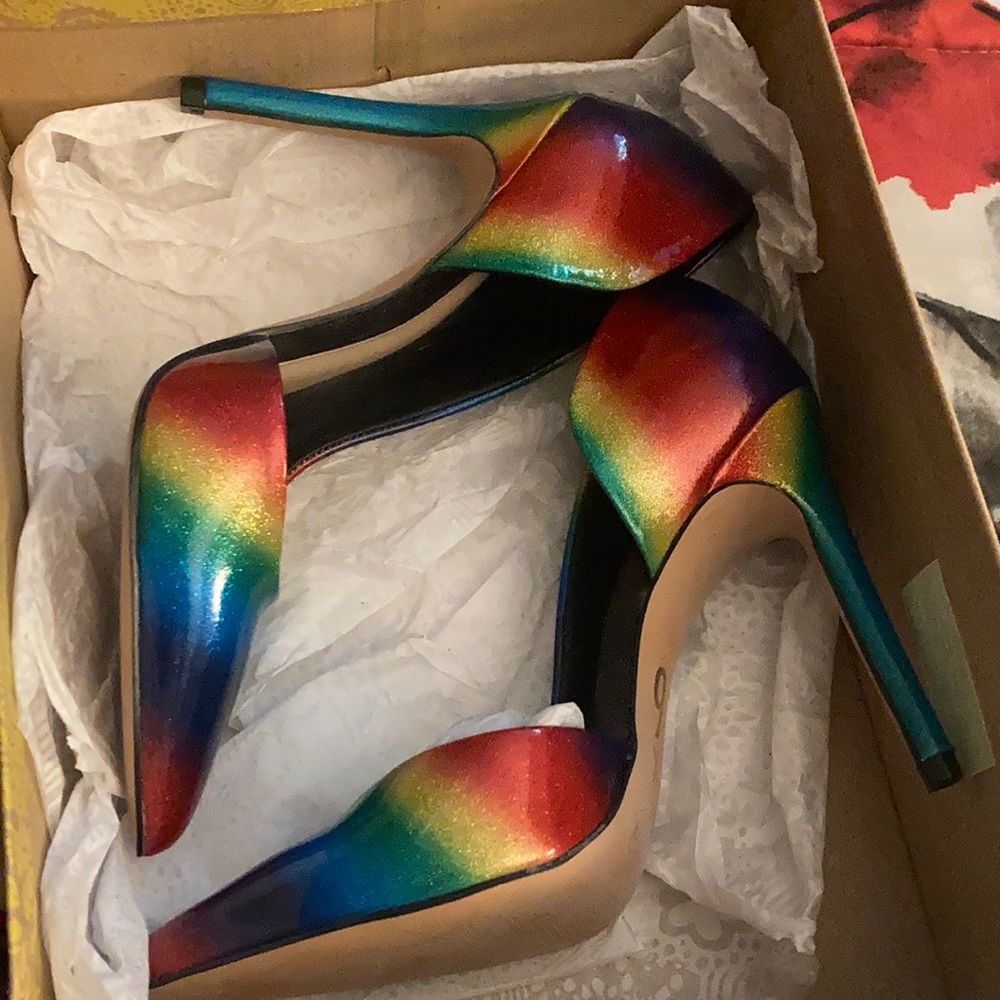 Glittery patent rainbow heels